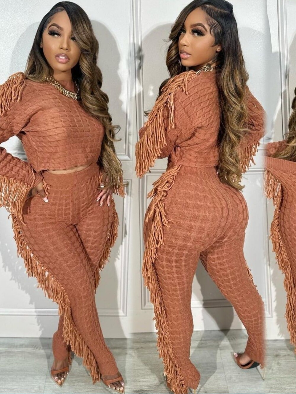 Fashion Nova Rust Fringe Knit Two-Piece Pants Set